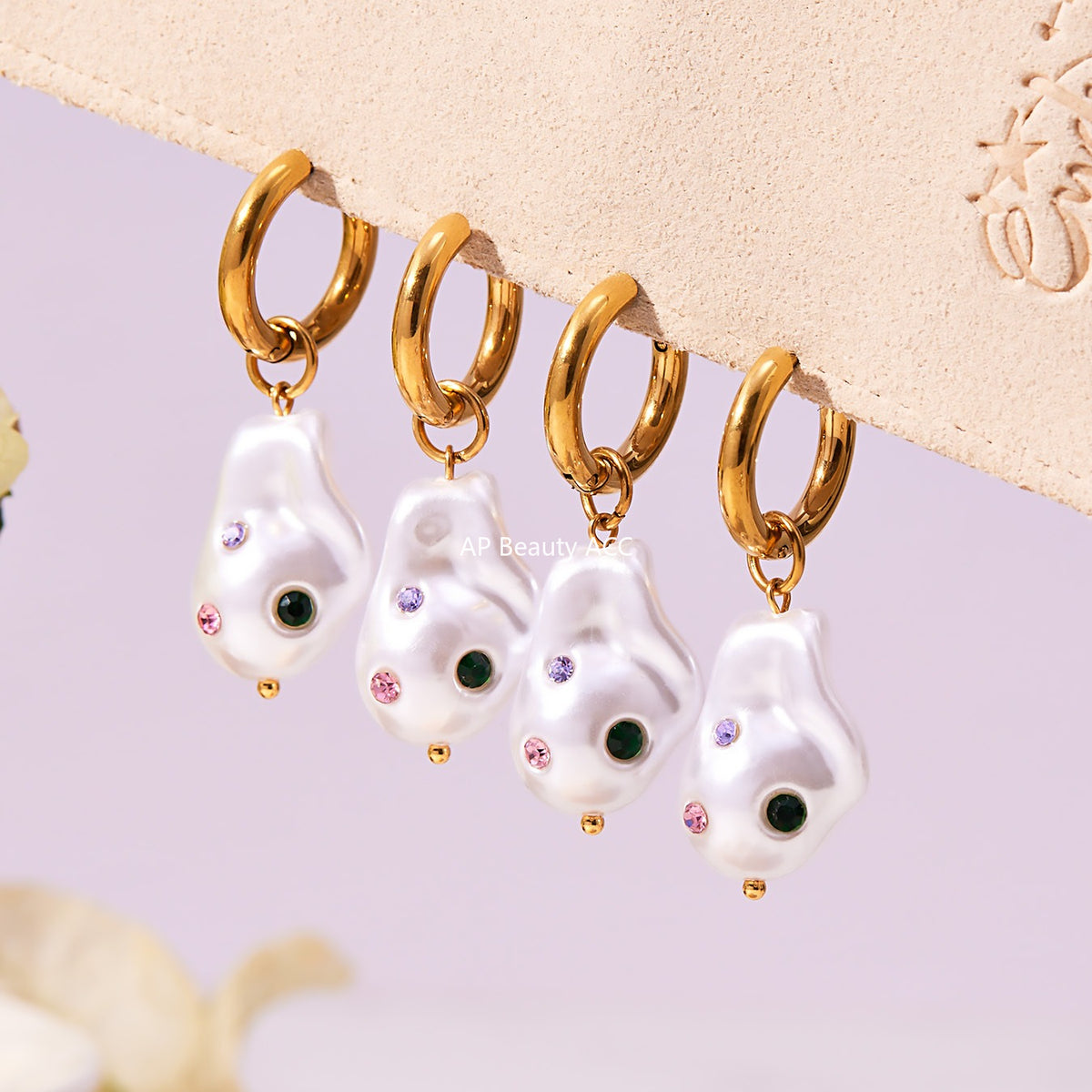 B廠-不鏽鋼異形巴洛克膠珠耳環鍍18k金彩色水鑽時尚輕奢耳飾女「F810」25.11-1