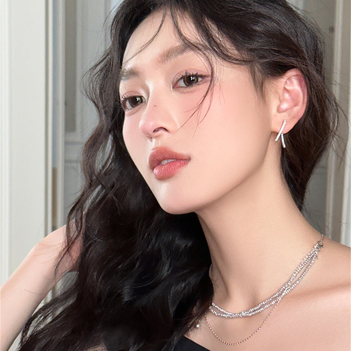 C廠-925銀針幾何線條後掛式耳釘女氣質幾何個性高級感鋯石耳環ins耳飾「EH-4018」25.10-2