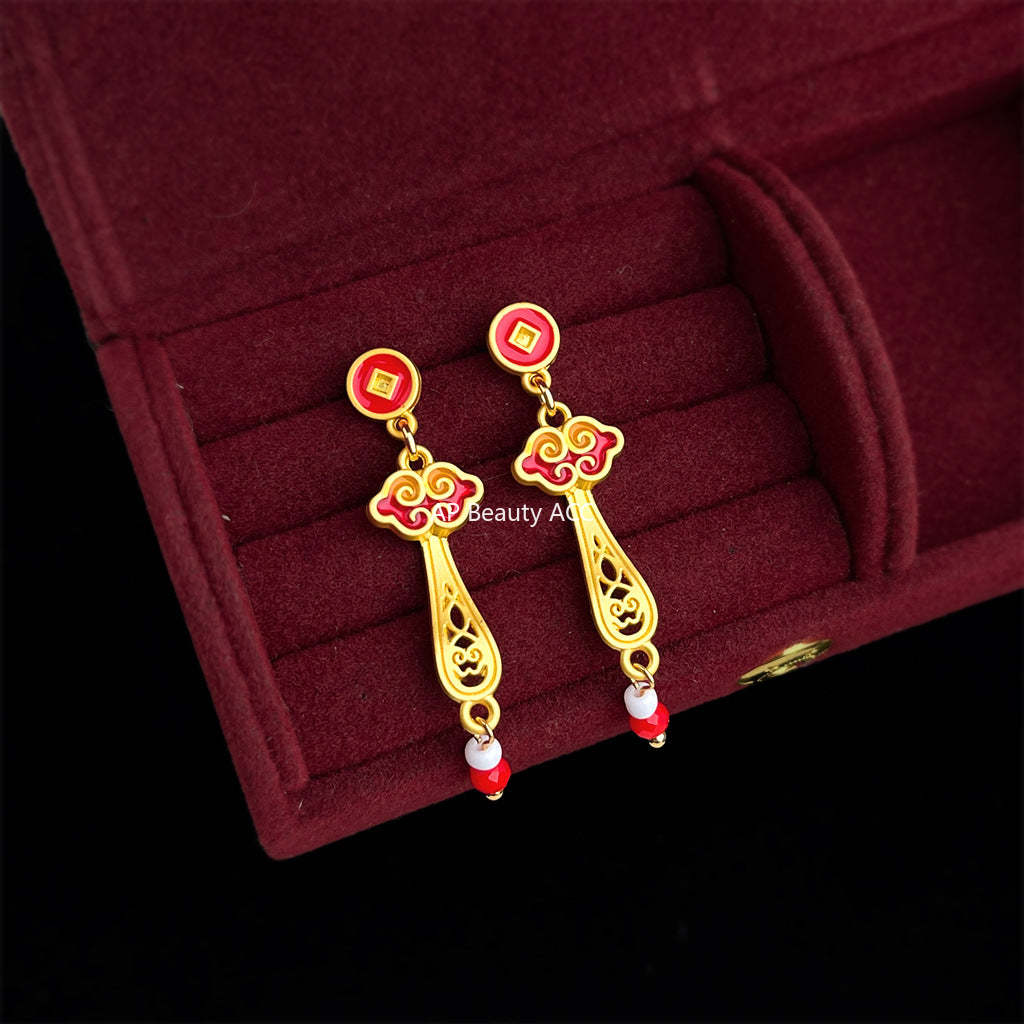 A廠-新年款玉如意琺瑯手工彩繪滴釉紅色新款耳環工廠長款新中式耳環飾品「7214」25.12-2