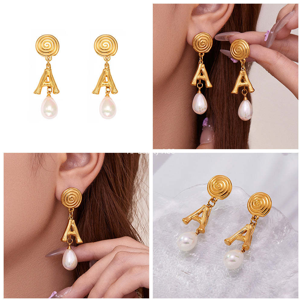 B廠-不鏽鋼螺紋A字母仿珍珠流蘇吊墜耳環鍍18k真金珠寶首飾批發「F1435」25.10-5