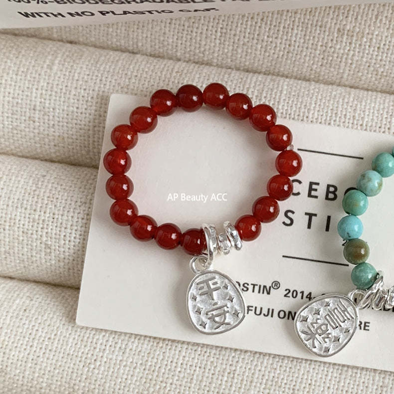 C廠-古風花朵葉子福袋小馬元寶蘋果紅瑪瑙彈力戒指S925純銀戒指女士「RB」25.11-4