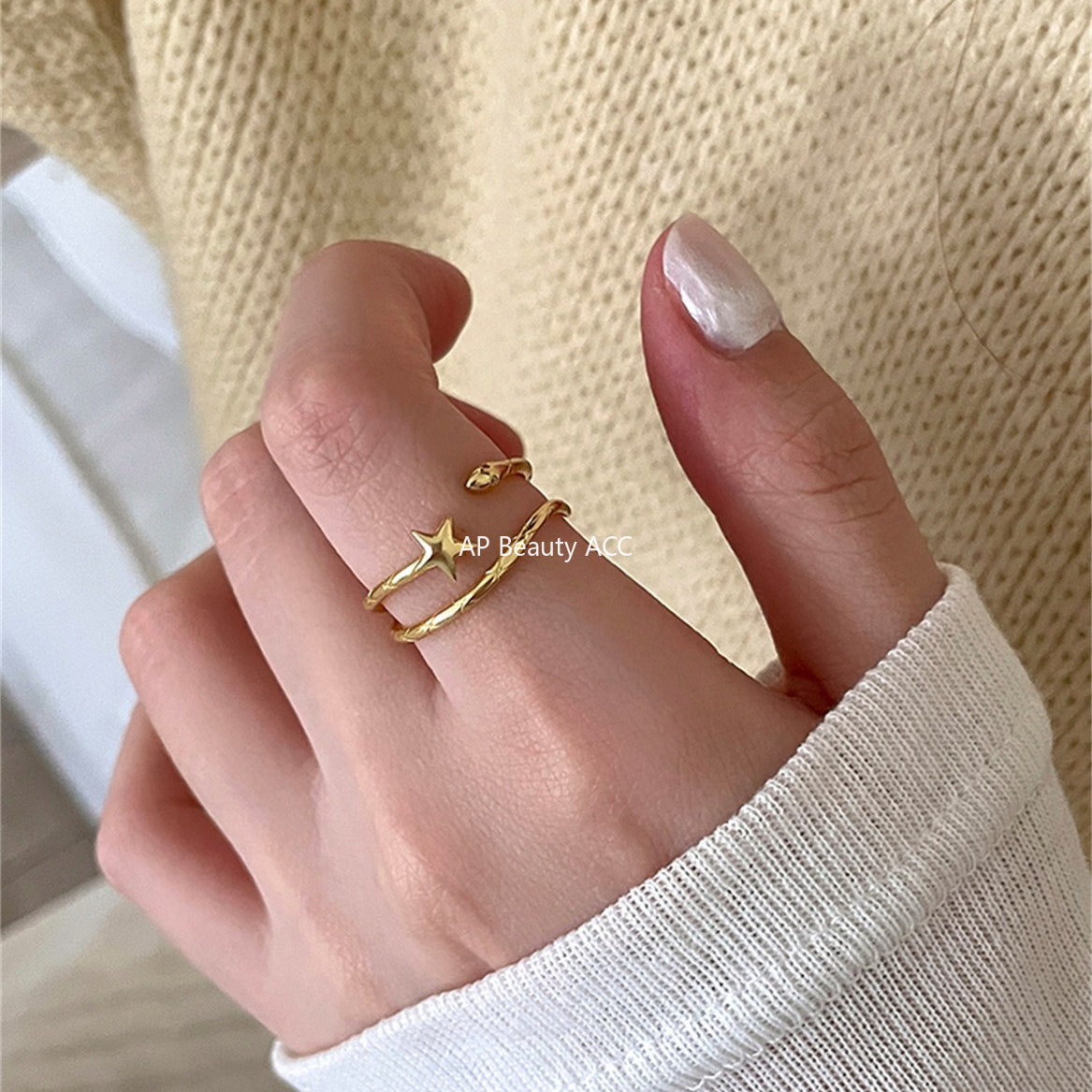 C廠-韓版簡約小巧可愛星星純銀戒指女輕奢高級感形狀蛇形食指戒新指環「JZ-0718」25.10-3