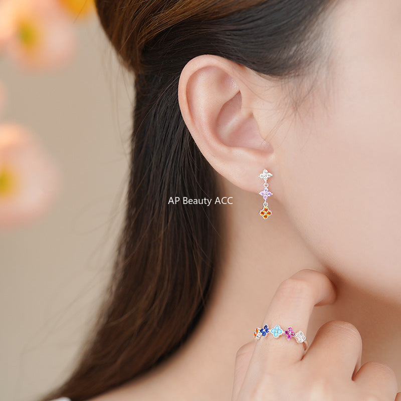 D廠-S925純銀個性彩色四葉草耳環環甜美多巴胺可愛清新簡約首飾批發「YC3164R_1 YC6343E_1」25.11-2