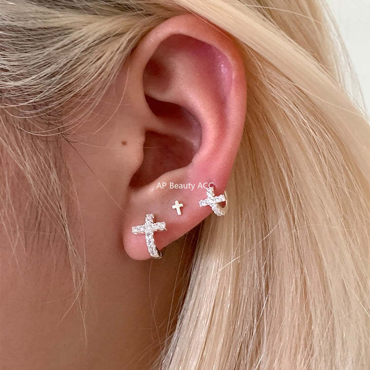 C廠-法式時尚鋯石耳環女輕奢百搭小眾設計十字架銀針耳扣秋冬氣質耳飾「EH-4259」25.11-3
