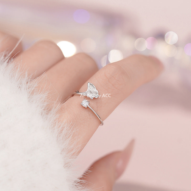 D廠-S925純銀銀杏葉鋯石戒指森系立體花卉質感精緻溫柔食指手飾「YC3430R_1」25.11-2