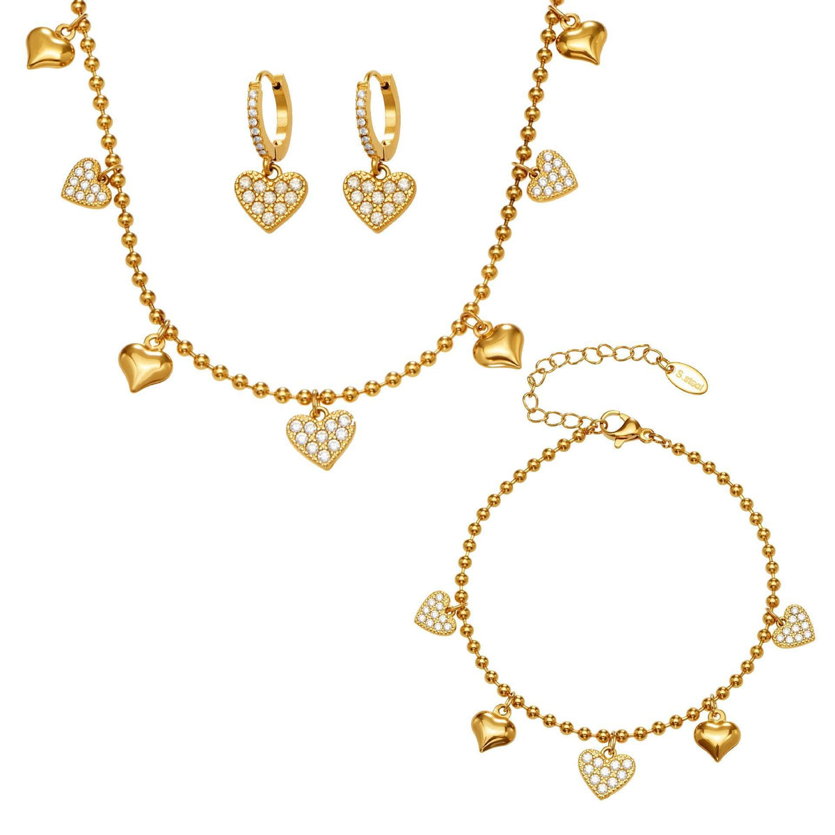 B廠-不鏽鋼愛心滿鑽鋯石吊墜耳環項鍊手鍊腳鏈套裝鍍18k真金歐美潮飾「TXP504」25.11-4