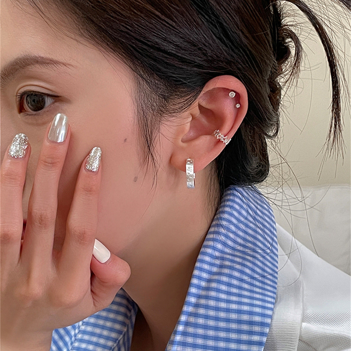 C廠-日韓百搭拉絲素圈耳扣女小眾設計極簡風星星耳環輕奢高級感耳飾「EH-3744」25.08-4
