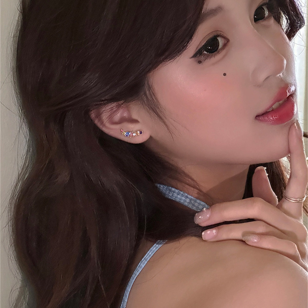 C廠-多巴胺甜美鋯石彩虹橋銀針耳釘女小眾設計感精緻耳環獨特撞色耳飾「EH-3982」25.09-4