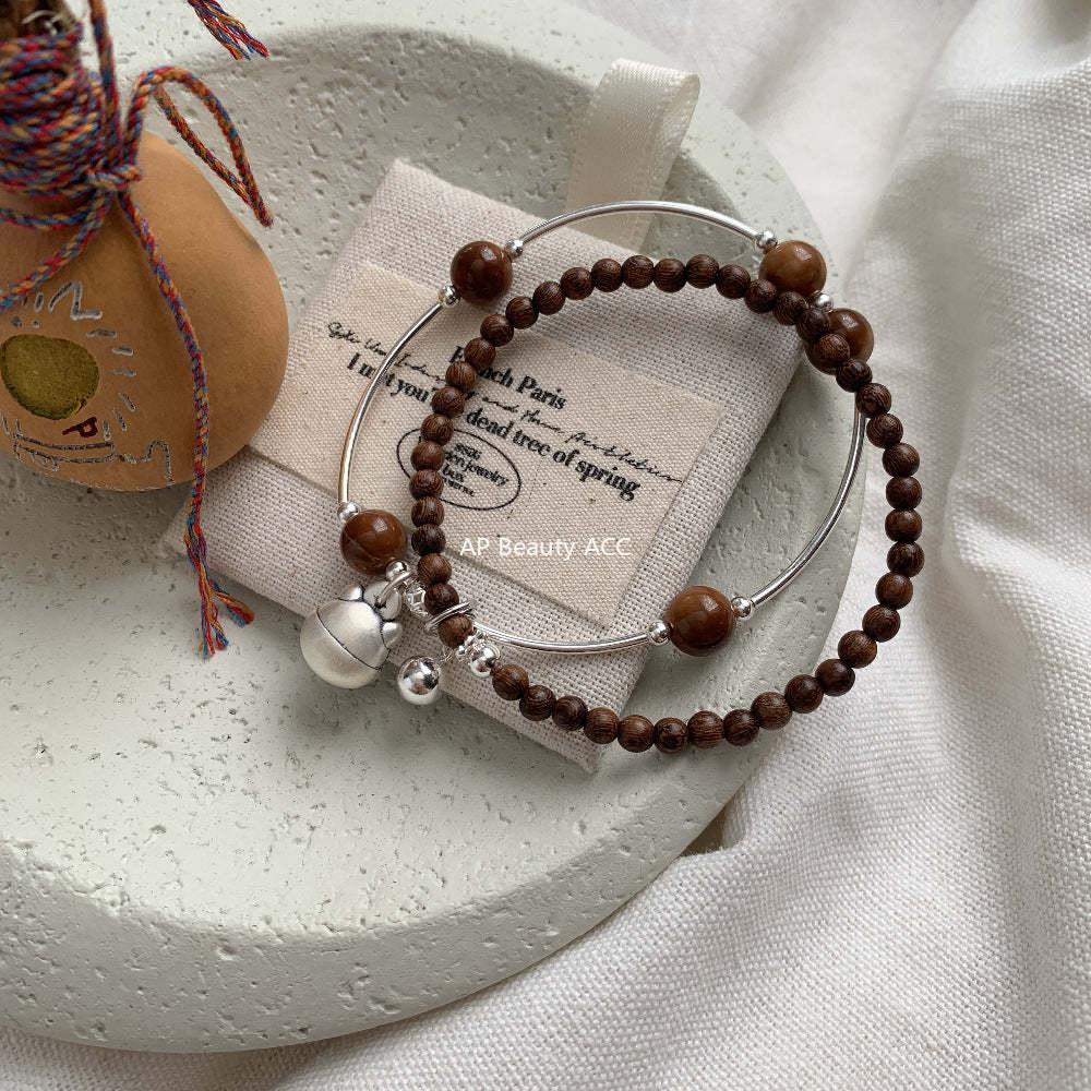 C廠-古風招財貓菩提金絲楠木S925純銀手鍊通體銀「1531」25.11-3