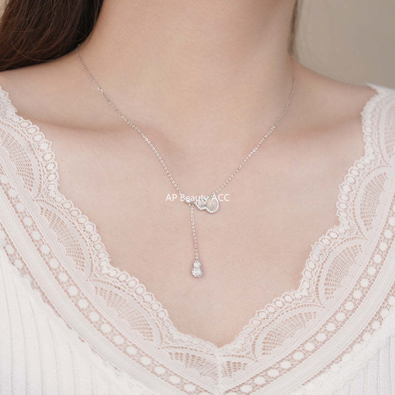 D廠-S925純銀葫蘆玉髓流蘇項鍊簡約百搭高級吊墜新中式鎖骨鏈批發「YC2023N_1」25.10-5