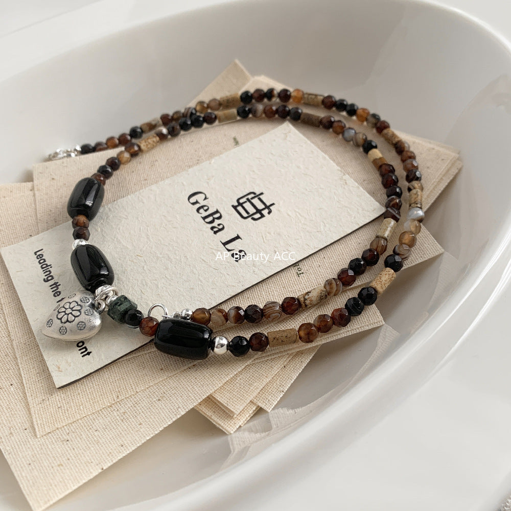 C廠-藏式民族風串珠項鍊S925純銀愛心花朵瑪瑙天然石文藝冷淡頸鏈手作「1607」25.11-2