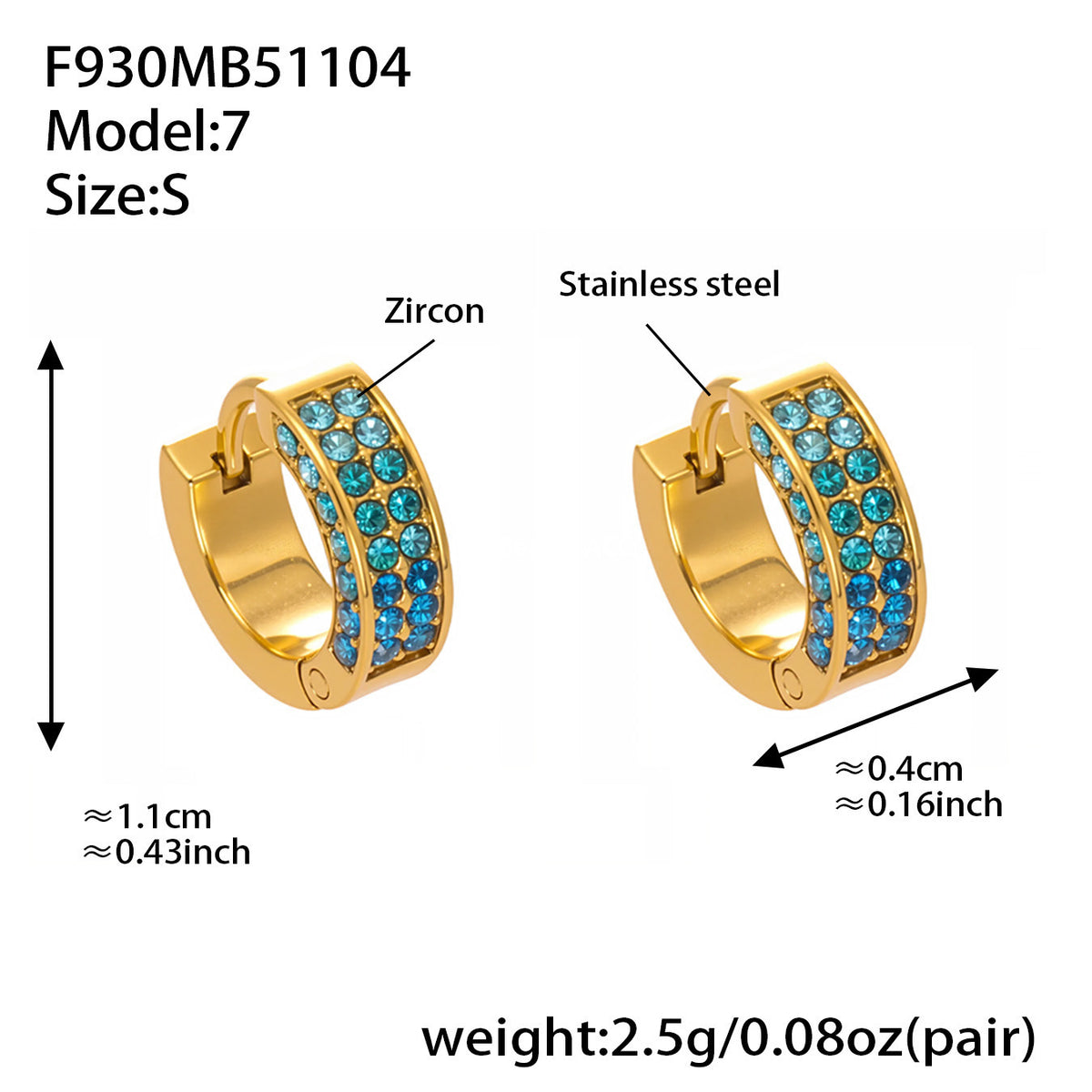 B廠-ins風高質量彩色5A鋯石圓圈卡扣耳環不鏽鋼鍍18k真金耳飾女「F930」25.11-2