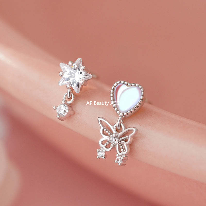 D廠-S925純銀不對稱愛心星星蝴蝶流蘇耳環女時尚個性耳骨耳環「YC5980E_1」25.11-1