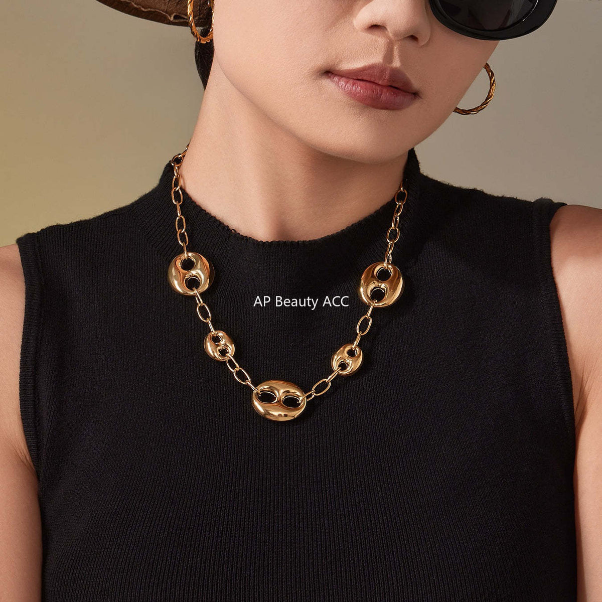 B廠-不鏽鋼空心大小豬鼻子項鍊 PVD鍍18k金時尚百搭誇張鎖骨鏈「P180」25.11-3