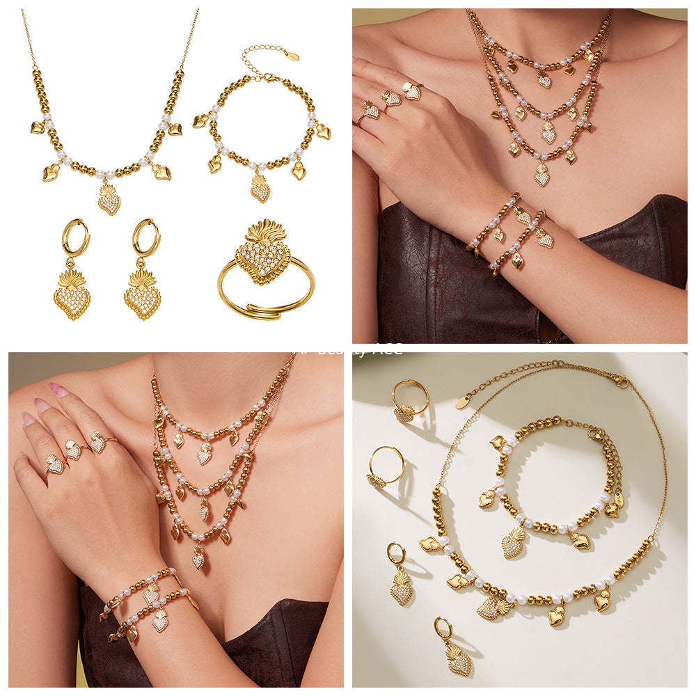 B廠-5A鋯石愛心皇冠吊墜項鍊耳環手鍊戒指套裝不鏽鋼鍍18k真金「TXP490」25.11-4