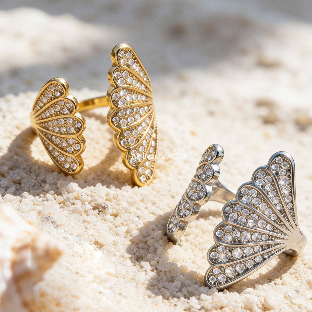 B廠-不鏽鋼百葉扇5A鋯石開口戒指鍍18k真金ins小眾設計指環輕奢手飾品「A386」25.12-3