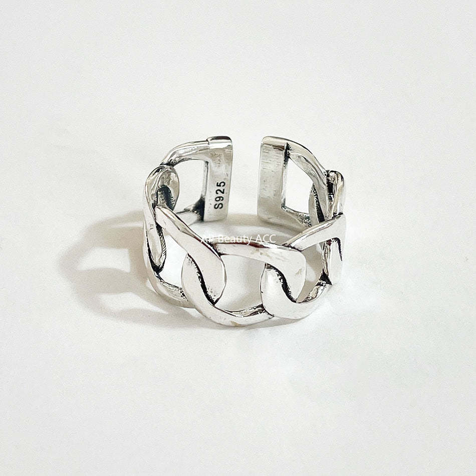 F廠-韓國韓版S925純銀簡約 個性復古泰銀 寬鎖鏈方條開口戒指指環「J549」25.12-2