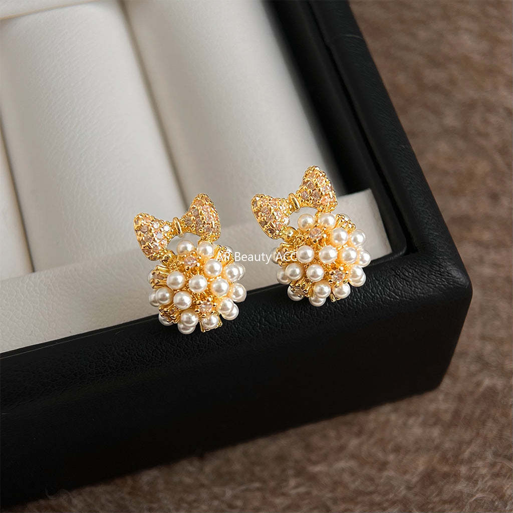 A廠-時尚高級感小香風s925銀針微鑲鋯石蝴蝶結幾何清新甜美耳環女「7204」25.12-2