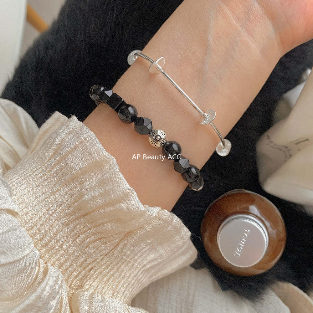 C廠-韓國東大門復古泰銀中性風S925銀十字架黑瑪瑙黑曜石手鍊通體銀「1512」25.11-3