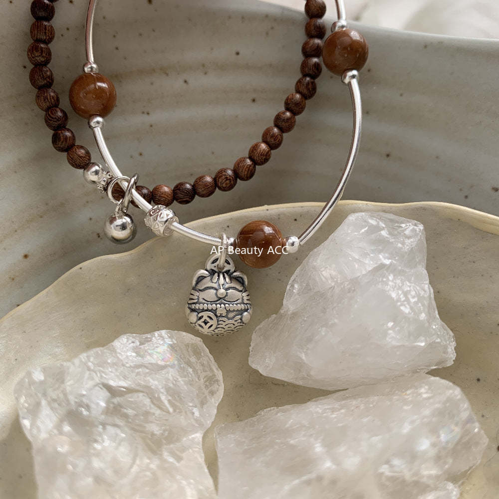 C廠-古風招財貓菩提金絲楠木S925純銀手鍊通體銀「1531」25.11-3