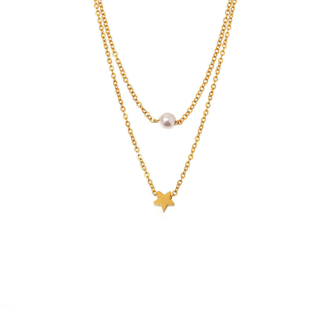 B廠-不鏽鋼星星貝珠設計感雙層項鍊 歐美通勤疊戴鍍18K金百搭個性首飾「P001」25.12-1