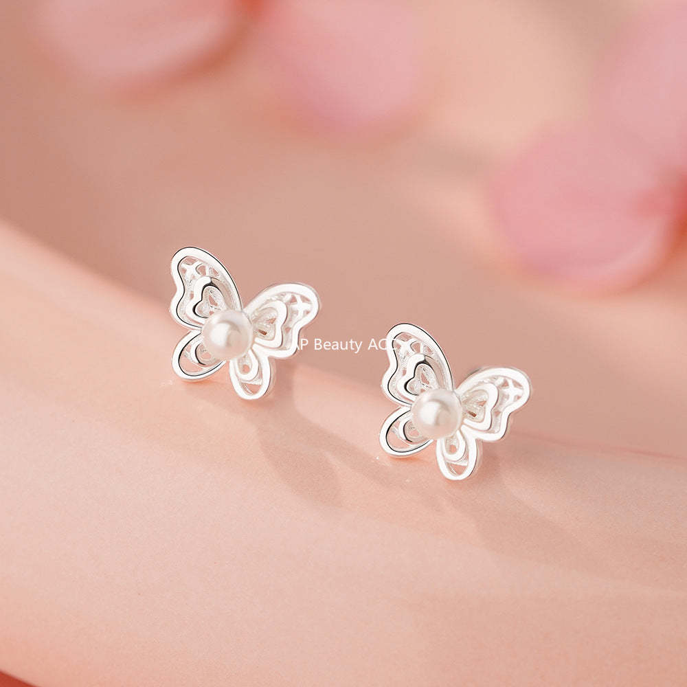 D廠-足銀S999蝴蝶珍珠螺絲耳環精緻韓版個性溫柔森系設計感耳飾「YC6253E_1」25.12-1