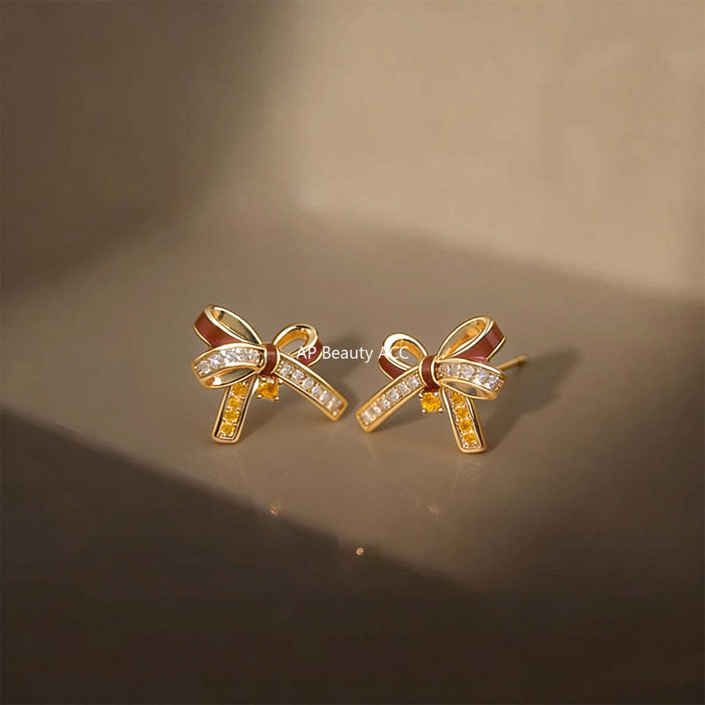 A廠-原創微鑲鋯石925銀針時尚高級感酒紅蝴蝶結耳飾工廠耳環 飾品貨源「7237」25.12-3