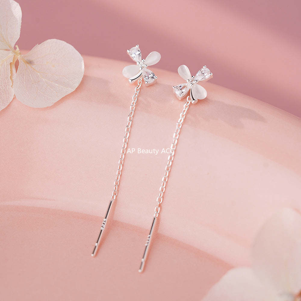 D廠-S925純銀貓眼四葉花流蘇耳線精美輕奢款幸運甜美顯臉瘦耳飾「YC2678E_1」25.12-1