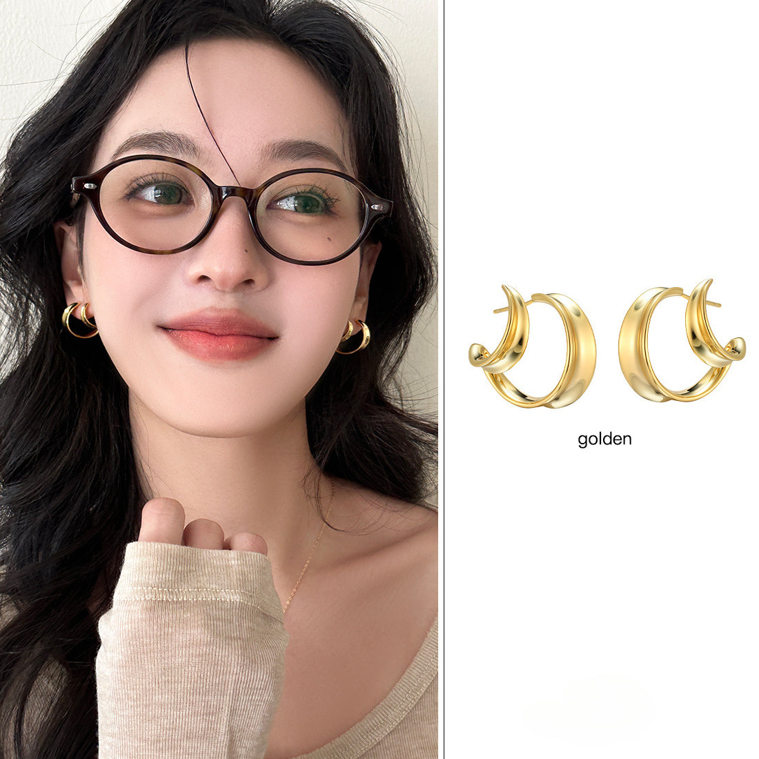 C廠-法式簡約雙環銀針耳釘女時尚通勤高級感氣質耳環小眾百搭新款耳飾「EH-3584」25.05-5
