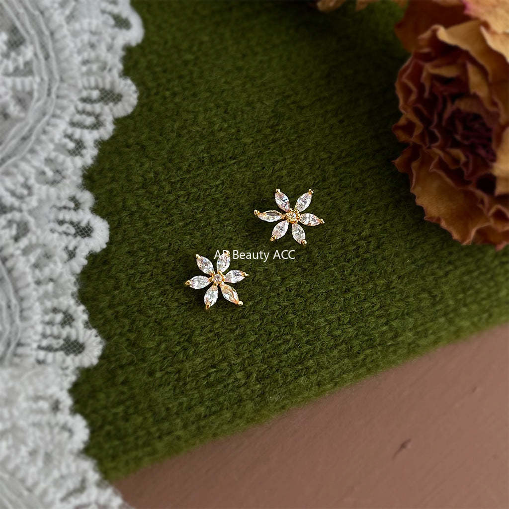 A廠-清新甜美學院風簡約小巧時尚通勤百搭鋯石花朵小耳環工廠耳飾飾品「7099」25.11-3