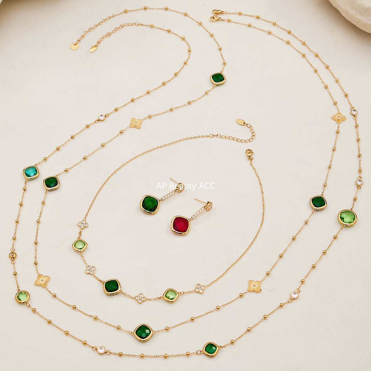 B廠-不鏽鋼四葉花鑲鋯石切麵包邊石頭手鍊長款毛衣鏈項鍊耳環首飾套裝「TXP509」25.12-1