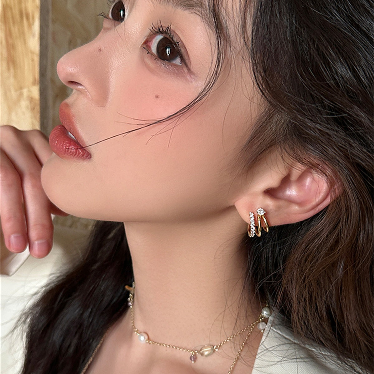 C廠-輕奢高級感疊戴風銀針耳釘女精緻韓系百搭網紅風氣質時尚鋯石耳環「EH-4050」25.09-3