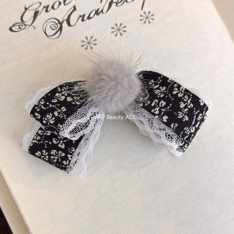 E廠-碎花毛球蝴蝶結髮夾鴨嘴夾半扎髮後腦勺香蕉夾高級感髮飾髮卡頭飾「27774」25.12-2