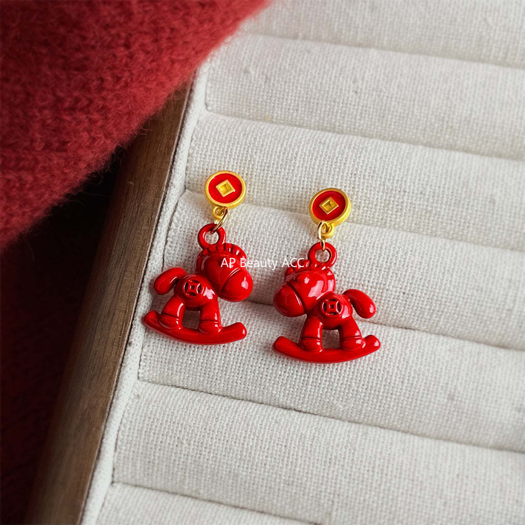 A廠-馬上有錢 馬年新年款木馬吉祥新款個性新中式耳環工廠飾品小紅馬耳飾「7207」25.12-2