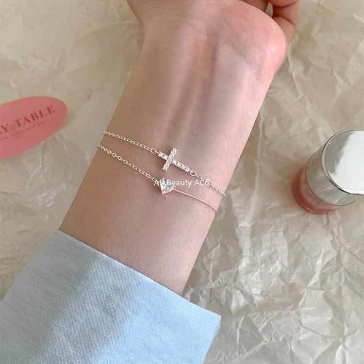 C廠-輕奢小眾愛心鋯石手鍊女高級感潮流十字架純銀手飾百搭冷淡風飾品「SL-487」25.11-1