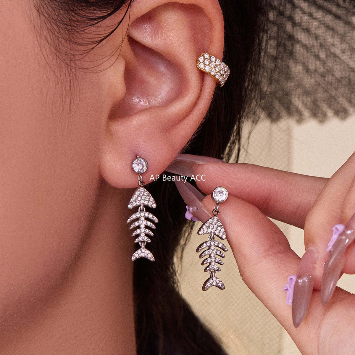 B廠-跨境新款魚骨造型滿鑽鋯石超閃耳環不鏽鋼鍍18k真金不掉色「F1123-F983」25.10-5