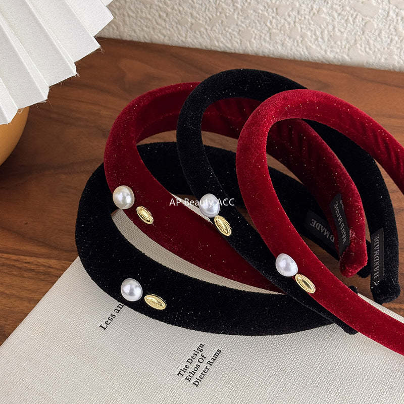 E廠-復古港風絲絨頭箍喜慶紅色絨面珍珠銘牌寬窄髮箍新款新年時尚髮卡「27822」25.12-3
