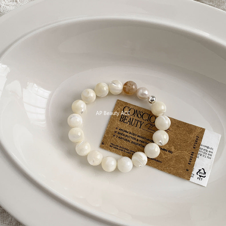 C廠-chic輕奢百搭天然貝珠海貝殼珠天然淡水珍珠天然白水晶黃塔晶手鍊「1543」25.11-2