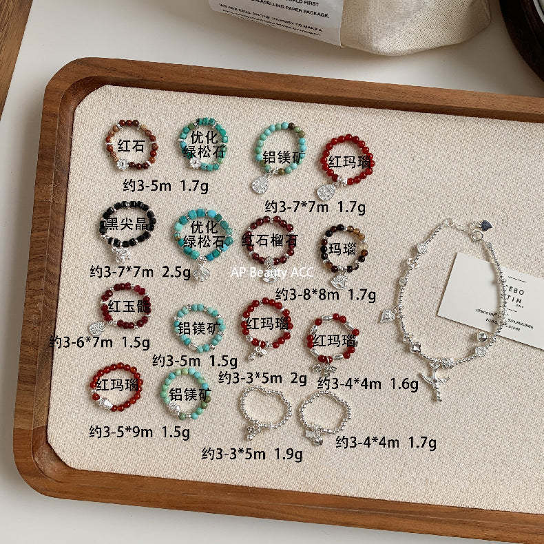 C廠-古風花朵葉子福袋小馬元寶蘋果紅瑪瑙彈力戒指S925純銀戒指女士「RB」25.11-4