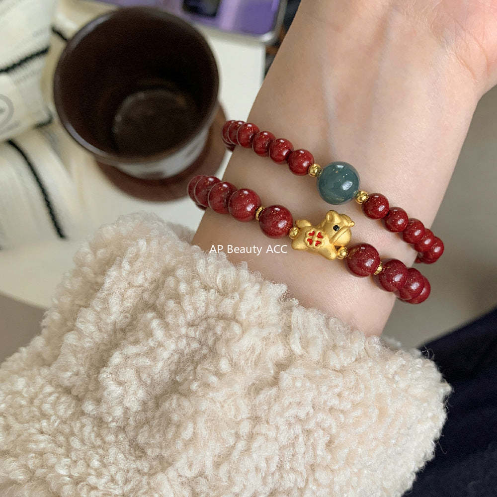 C廠-高含量天然朱砂手鍊女本命年屬馬生肖馬年琺瑯四葉草紫金砂手串「1638」25.12-3