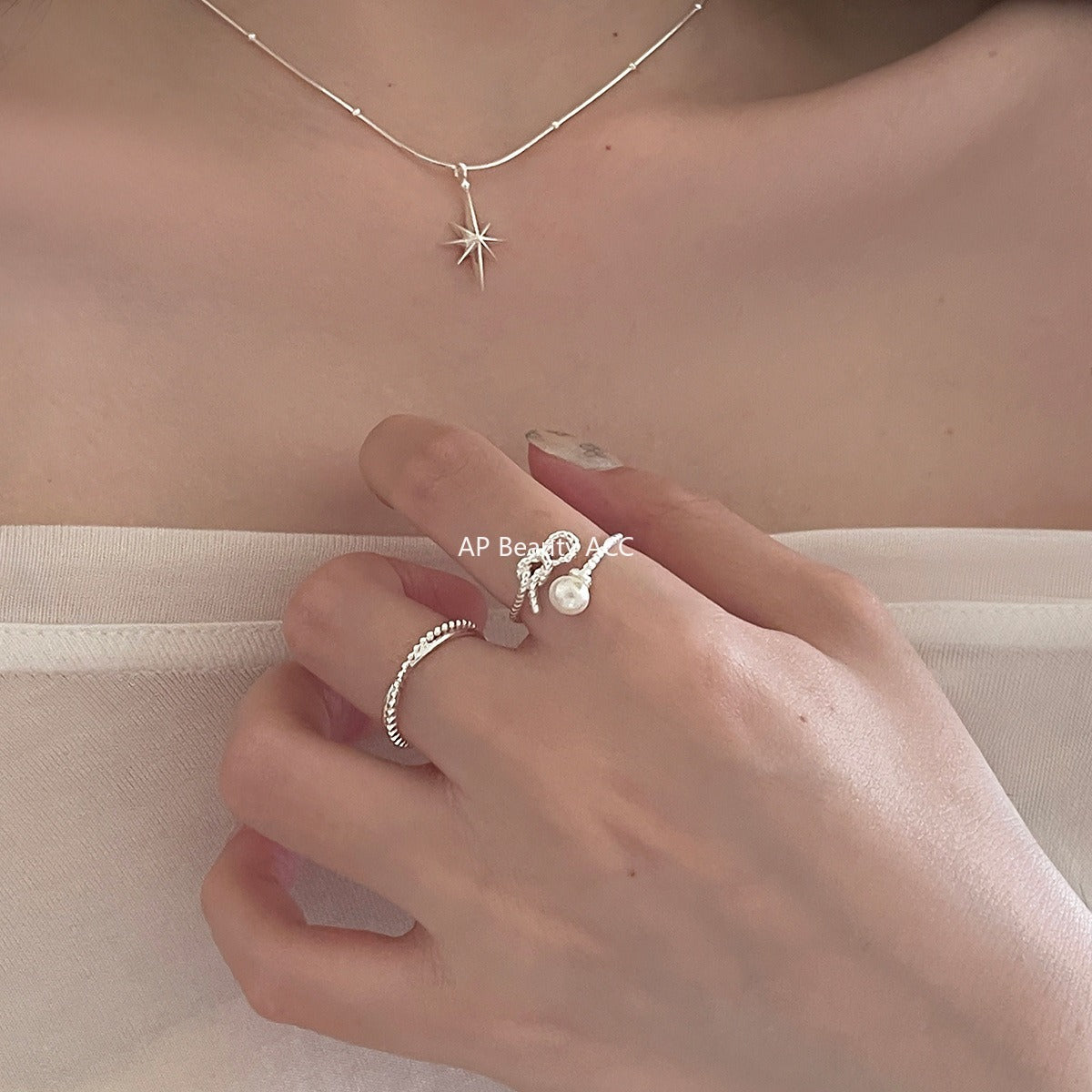 C廠-甜美珍珠戒指女極簡冷淡風氣質優雅925純銀交叉開口指環百搭指戒「JZ-0702」25.11-1