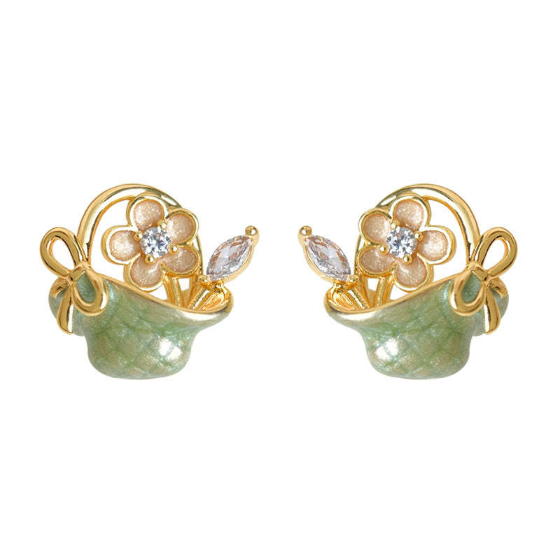 A廠-原創森系花籃手工彩繪琺瑯滴釉s925銀針微鑲鋯石耳環田園風耳飾女「6987」25.10-5