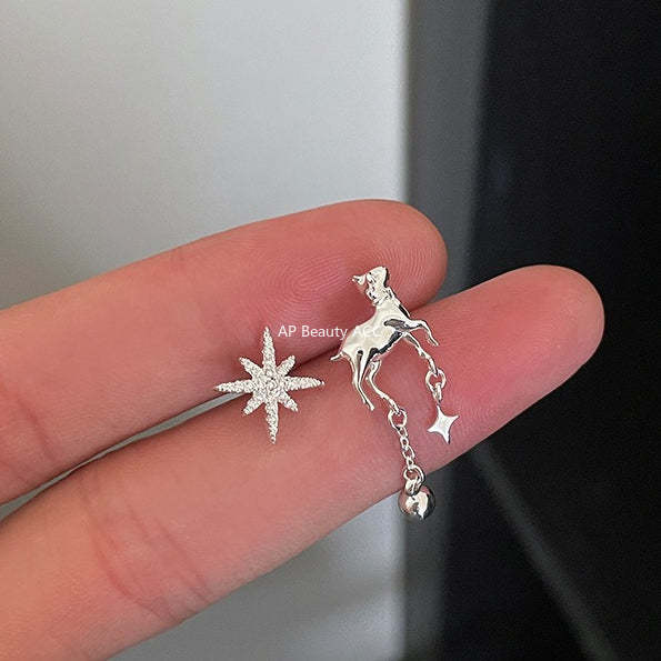 C廠-甜美風幸運小鹿耳釘女高級星星流蘇銀針耳環氣質冷淡風不對稱耳飾「EH-4262」25.11-4