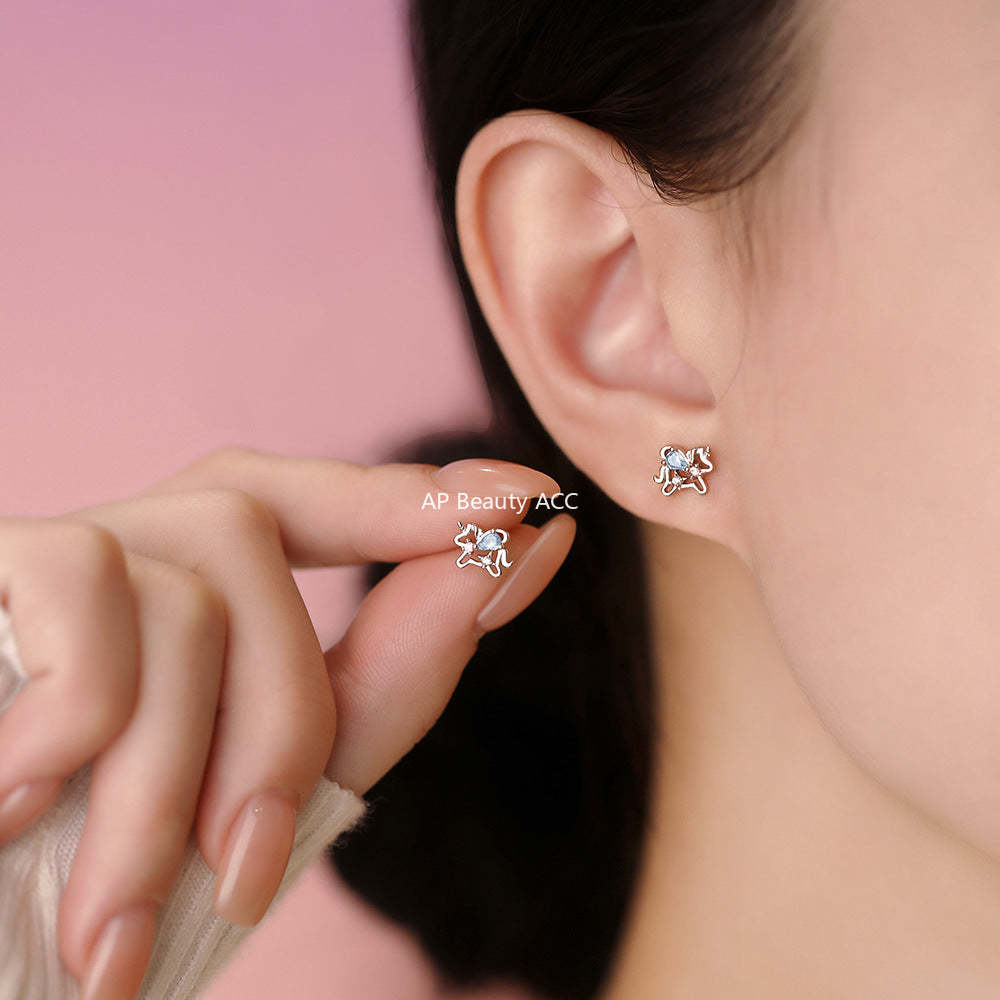 D廠-原創足銀S999彩鋯獨角獸耳環幸運馬可愛溫柔清新本命年耳飾「YC4943E_1」25.12-3