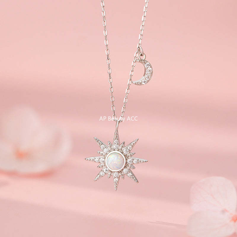 D廠-S925純銀八芒星月亮項鍊炫彩夢幻復古歐美精緻小眾鎖骨鏈批發「YC1445N_1」25.10-5