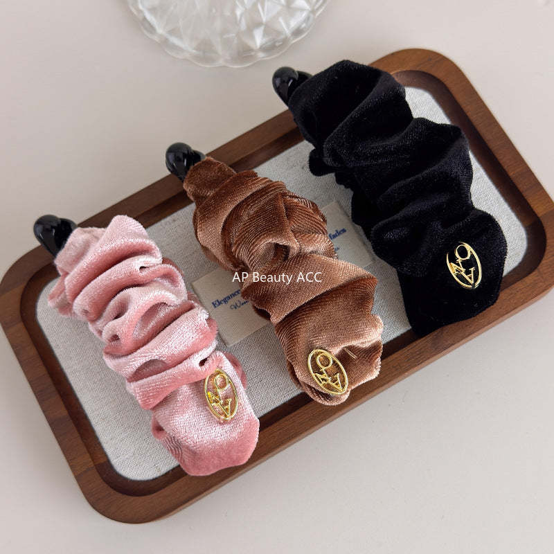 E廠-韓系褶皺絲絨香蕉夾女後腦勺髮夾馬尾竪夾氣質髮飾半扎髮抓夾頭飾「27709」25.11-3