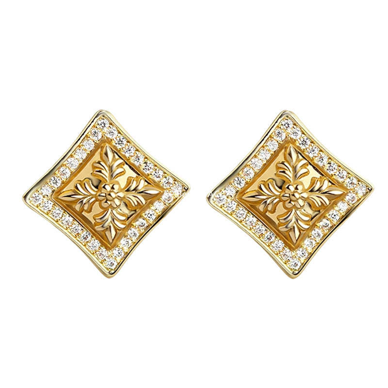 A廠-原創鳶尾花時尚高級感微鑲鋯石方形幾何s925銀針新款耳飾耳釘「7246」25.12-3