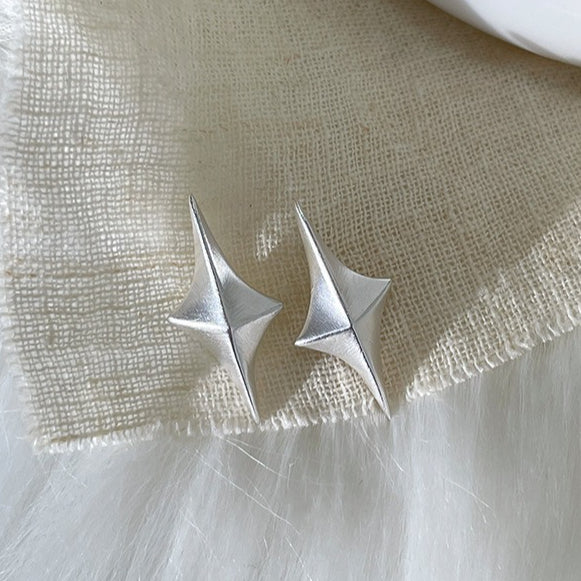 C廠-925銀針拉絲立體四芒星耳釘女輕奢高級氣質耳環日常百搭秋冬耳飾「EH-4119」25.11-2