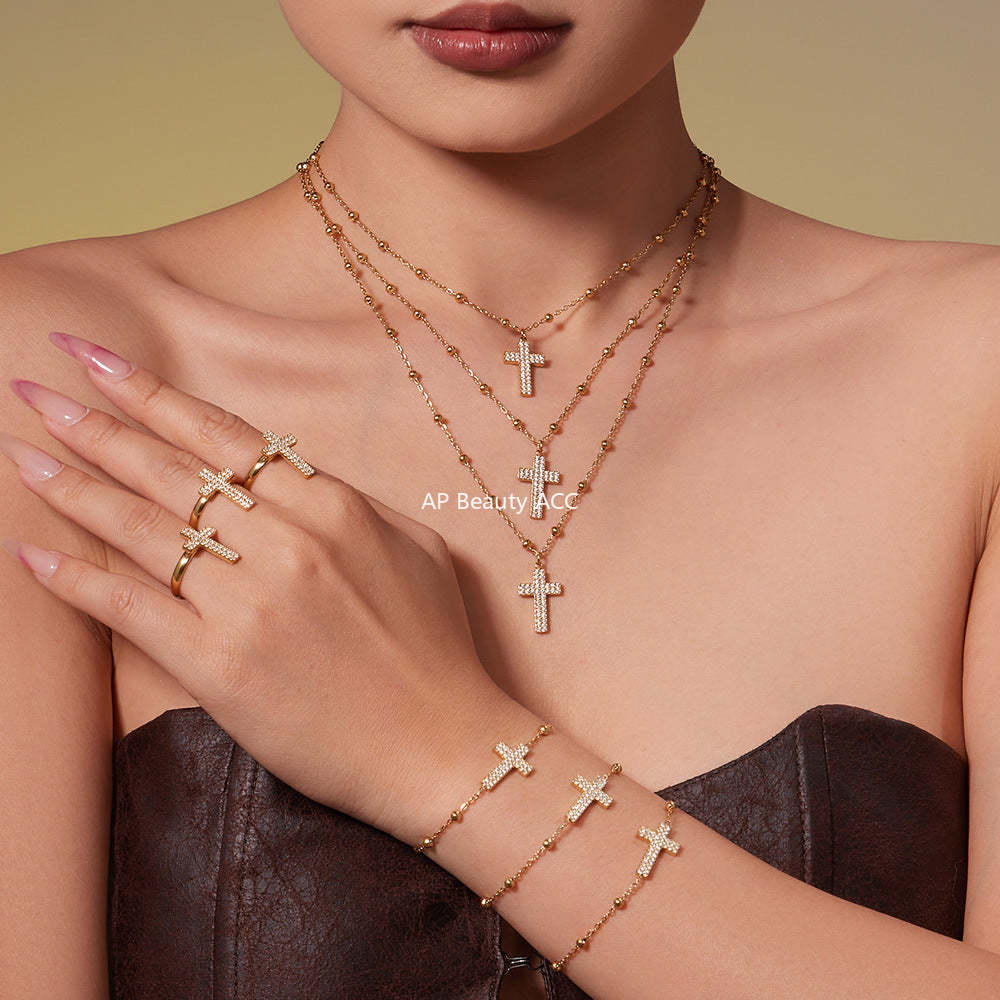 B廠-不鏽鋼超閃5A鋯石十字架戒指耳環項鍊手鍊首飾套裝鍍18k金不掉色「TXP503」25.11-4