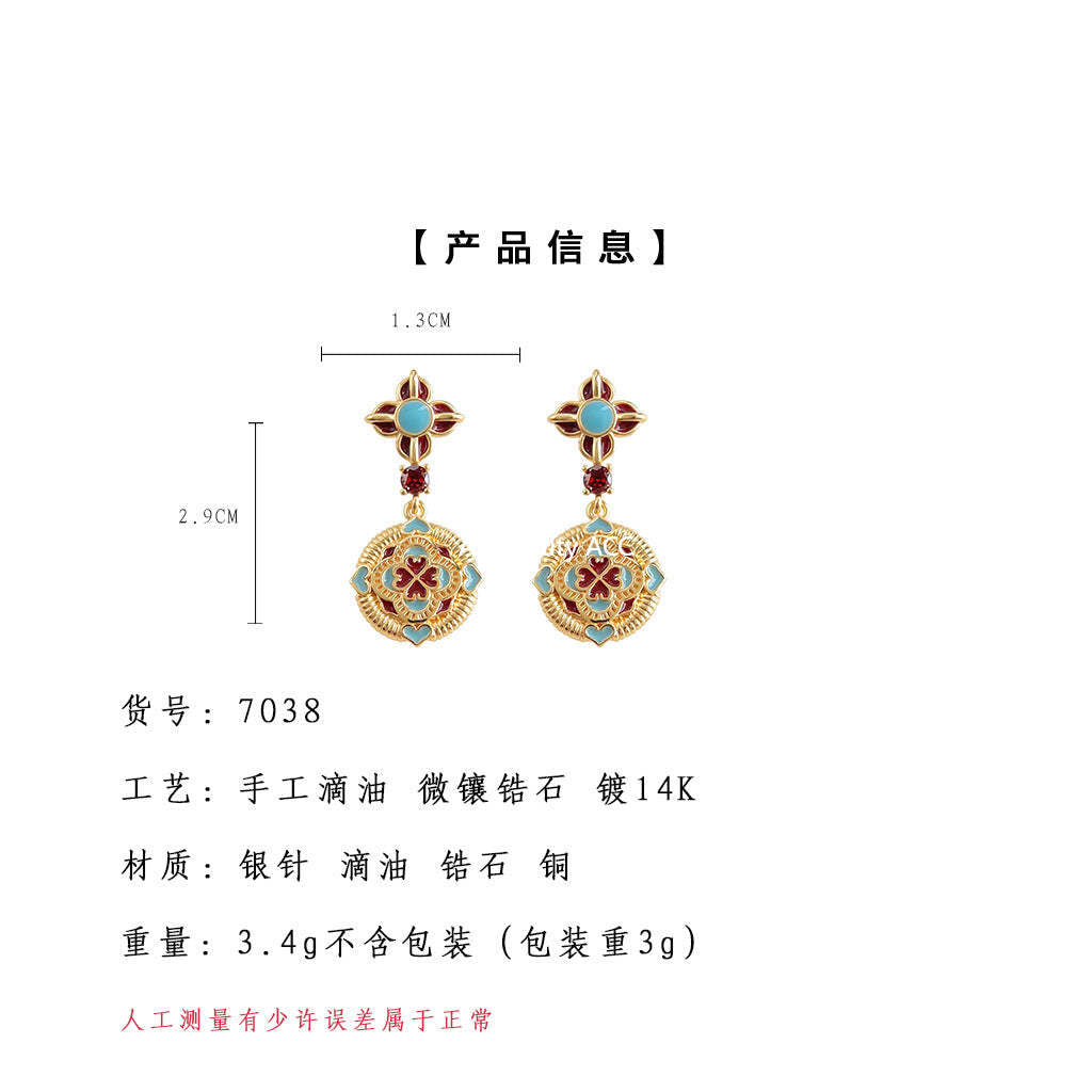 A廠-原創設計新中式民族風925銀針琺瑯滴釉彩繪文藝復古高級感耳飾 耳環「7038」25.11-1
